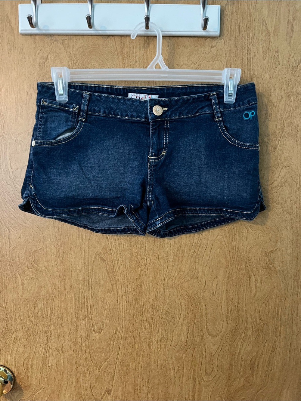 OP Dark Wash Indigo Denim Short Shorts 4 Pockets Size 9 Waist 32” Rise 8”  EUC